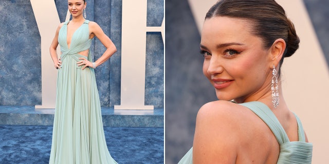 Miranda Kerr jahmatas beebisinises Elie Saabis, kui ta 2023. aasta Vanity Fairi Oscari-peol vaibal kõndis.