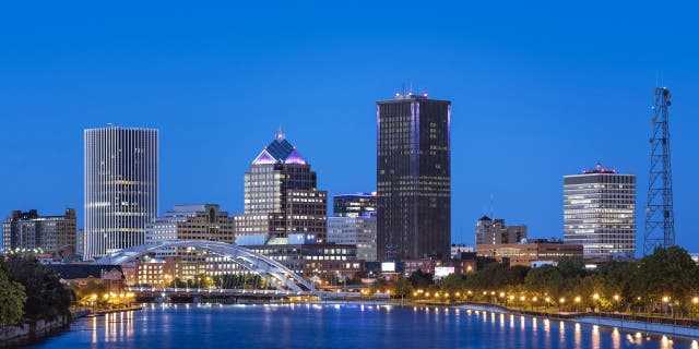 City skyline and the Genesee River in Rochester. 