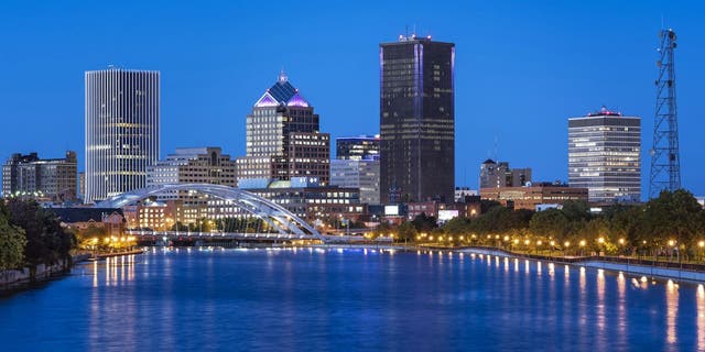 City skyline and Genesee River in Rochester. 
