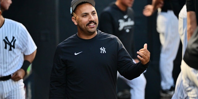 Néstor Cortés of the New York Yankees reacts in the dugout during a Grapefruit League game against the Toronto Blue Jays at George M. Steinbrenner Field on March 14, 2023 in Tampa, Florida.