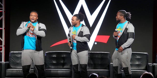 From left, Big E, Xavier Woods and Kofi Kingston speak onstage during the NBCUniversal portion of the 2018 Winter Television Critics Association press tour at The Langham Huntington, Pasadena, on January 9, 2018 in Pasadena, California.