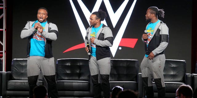From left to right, Big E, Xavier Woods and Kofi Kingston speak onstage during the NBCUniversal portion of the 2018 Winter Television Critics Association Press Tour at The Langham Huntington, Pasadena on Jan. 9, 2018 in Pasadena, California.