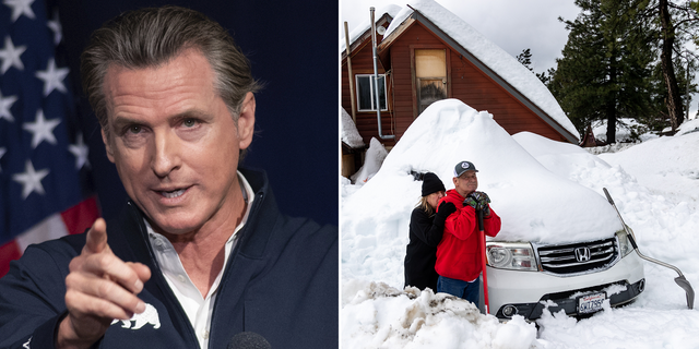 While California Gov. Gavin Newsom, left, was in Mexico's Baja California, Crestline residents such as Don Kendrick and Deanna Beaudoin, right, were among many stranded in their properties after being slammed with snow. The pair is pictured taking a break from shoveling out their car Sunday, the day Newsom returned to California, after being snowed in for 12 days.
