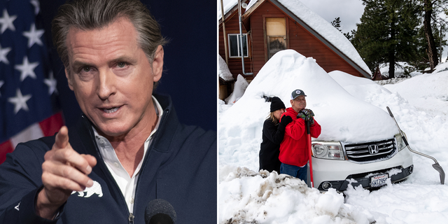 While California Gov. Gavin Newsom, left, was in Mexico's Baja California, Crestline residents such as Don Kendrick and Deanna Beaudoin, right, were among many stranded in their properties after being slammed with snow. The pair is pictured taking a break from shoveling out their car Sunday, the day Newsom returned to California, after being snowed in for 12 days.