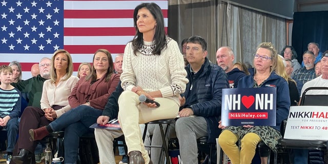 Former ambassador to the United Nations and former two-term South Carolina Gov. Nikki Haley, who's running for the 2024 Republican presidential nomination, holds a town hall in Salem, New Hampshire, on March 28, 2023.