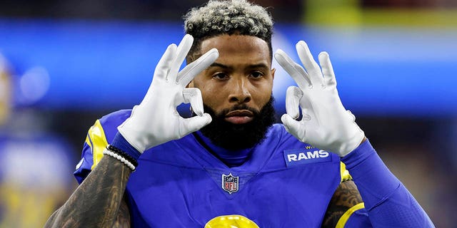 Odell Beckham Jr., #3 of the Los Angeles Rams reacts during the NFC Championship NFL football game against the San Francisco 49ers at Sophie Stadium on January 30, 2022 in Inglewood, California.