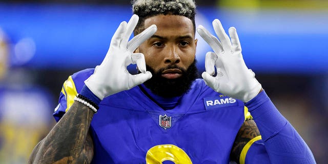 Odell Beckham Jr. of the Los Angeles Rams reacts during the NFC championship game against the San Francisco 49ers at SoFi Stadium Jan. 30, 2022, in Inglewood, Calif.