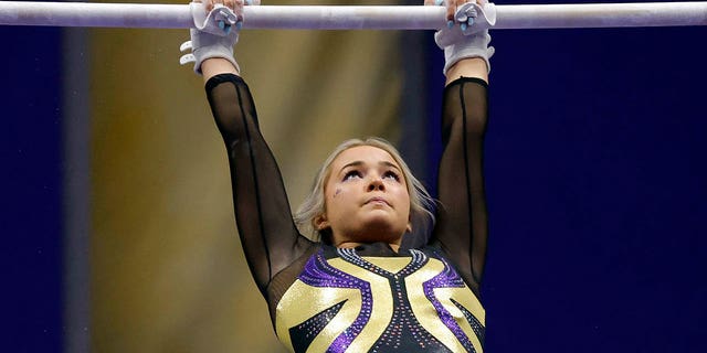 LSU gymnast Olivia Dunne competes during an NCAA gymnastics match against Arkansas on Friday, Jan. 8, 2021, in Baton Rouge, Louisiana.