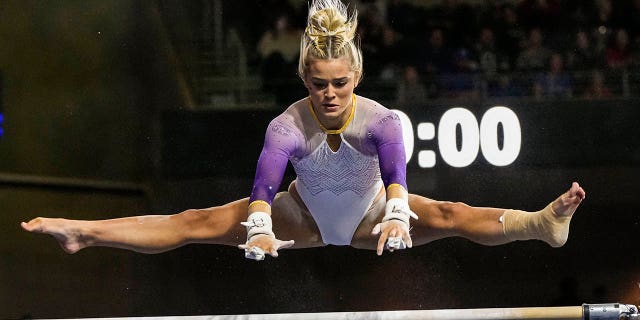 Tigers gymnast Olivia Dunne is shown competing during the SEC Gymnastics Championships at Gas South Arena in Duluth, Georgia on March 18, 2023.