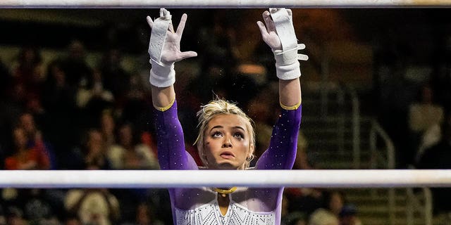 LSU Tigers gymnast Olivia Dunne shown during the SEC Gymnastics Championship at Gas South Arena in Duluth, Georgia, March 18, 2023.