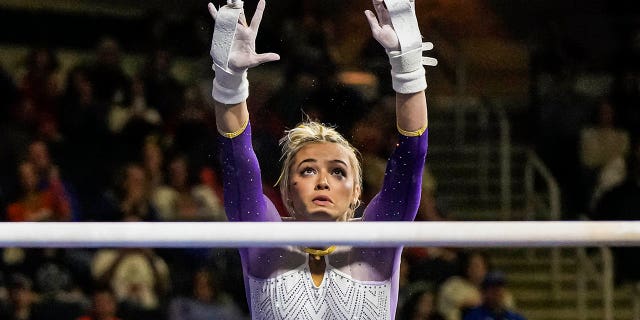 LSU Tigers gymnast Olivia Dunne shown during the SEC Gymnastics Championship at Gas South Arena in Duluth, Georgia, March 18, 2023.