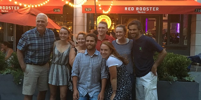 The Prial family is shown here, including all five children. Mom Anne Leavy-Prial is third from left; her husband, Greg Prial, is at far left. Their son, Danny Prial, is at center, rear, in red shirt.