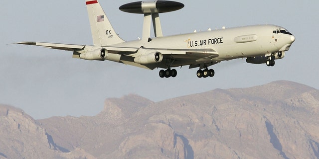 A U.S Air Force E-3 AWACS (Airborne Warning and Control System) lands at Nellis Air Force Base while participating in the Joint Expeditionary Force Experiment 2006 April 25, 2006, in Las Vegas. 