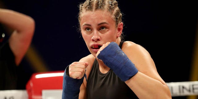 Paige VanZant is seen as she fights Britain Hart during the BKFC KnuckleMania event at RP Funding Center on Feb. 6, 2021 in Tampa, Florida.