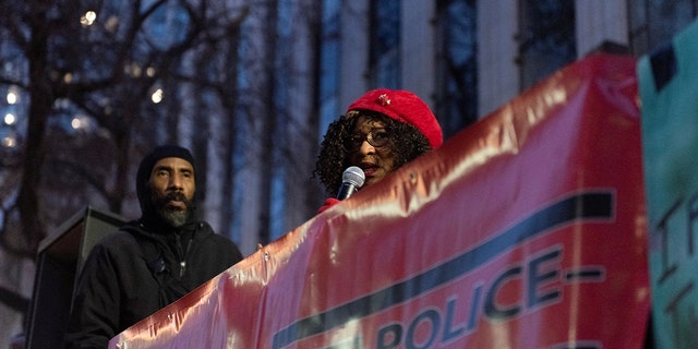 Newly elected Alameda County District Attorney Pamela Price speaks to the crowd, during a protest against the fatal beating of Black motorist Tyre Nichols by Memphis Police officers, at a rally in Oakland, California, Jan. 29, 2023.
