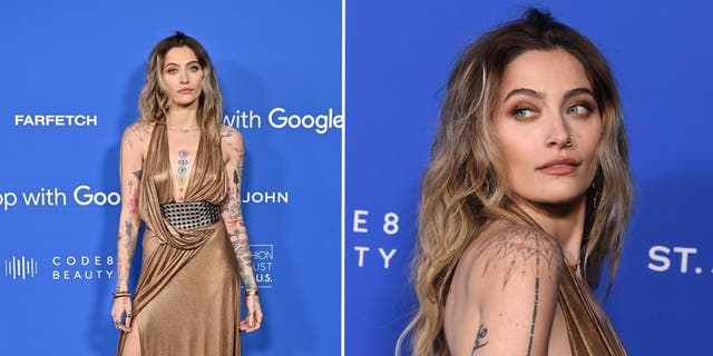 Paris Jackson showcased her tattoos in a plunging dress with a high slit. 