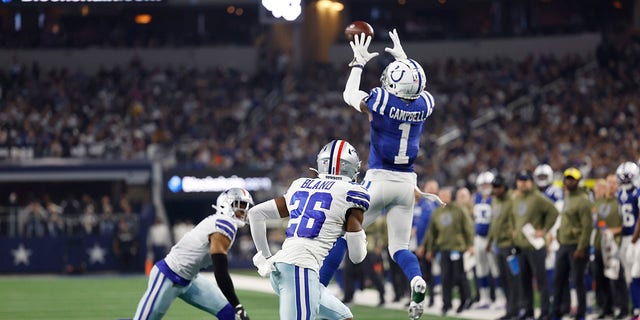 Parris Campbell #1 of the Indianapolis Colts catches a pass in the second half of a game against the Dallas Cowboys at AT&T Stadium on December 04, 2022, in Arlington, Texas.