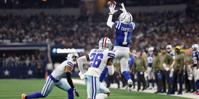 Parris Campbell #1 of the Indianapolis Colts catches a pass in the second half of a game against the Dallas Cowboys at AT&T Stadium on December 04, 2022, in Arlington, Texas.