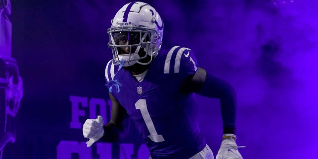 Parris Campbell #1 of the Indianapolis Colts is introduced before the game against the Los Angeles Chargers at Lucas Oil Stadium on December 26, 2022, in Indianapolis, Indiana.