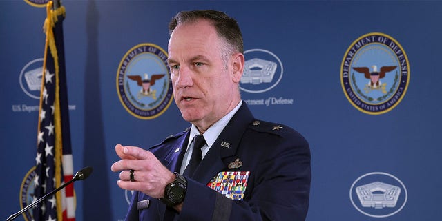 Pentagon Air Force spokesman Brig. Gen. Patrick Ryder answers questions during a briefing at the Pentagon March 16, 2023 in Arlington, Virginia.