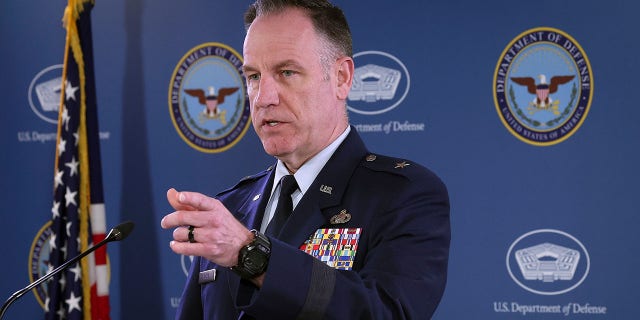 Pentagon Air Force spokesman Brig. Gen. Patrick Ryder answers questions during a briefing at the Pentagon March 16, 2023 in Arlington, Virginia.