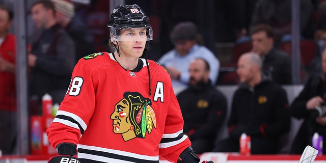 Patrick Kane of the Chicago Blackhawks before a game against the Vegas Golden Knights at the United Center on February 21, 2023 in Chicago.