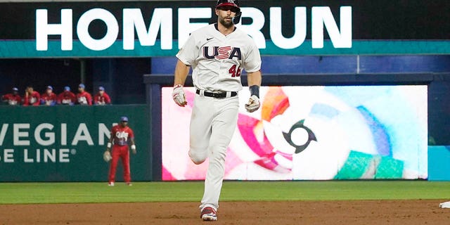 American Paul Goldschmidt (46) runs the bases after hitting a two-run home run during the first inning of a World Baseball Classic game against Cuba, Sunday, March 19, 2023, in Miami. 