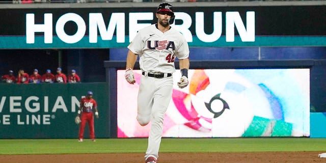 U.S.'s Paul Goldschmidt (46) runs the bases after hitting a two-run home run during the first inning of a World Baseball Classic game against Cuba, Sunday, March 19, 2023, in Miami.