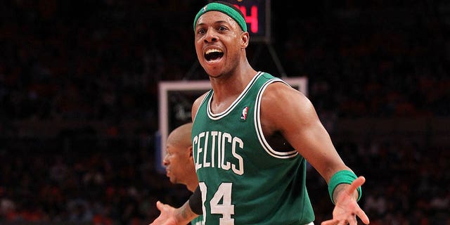 Paul Pierce of the Boston Celtics reacts during the Eastern Conference Quarterfinals against the New York Knicks on April 24, 2011, at Madison Square Garden.