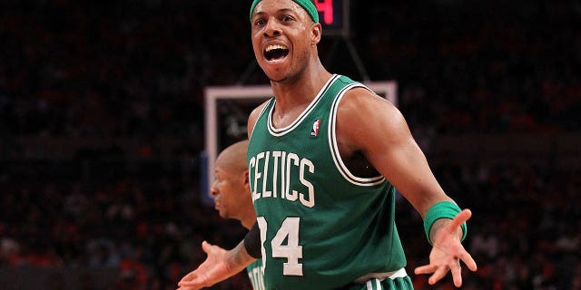 Paul Pierce of the Boston Celtics reacts during the Eastern Conference Quarterfinals against the New York Knicks on April 24, 2011, at Madison Square Garden.