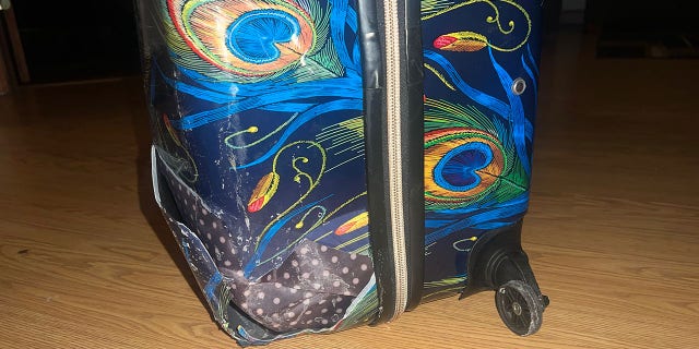 This photo shows a close-up of Thompson's damaged luggage. She told Fox News Digital that it was the first time she had ever traveled with the bag.