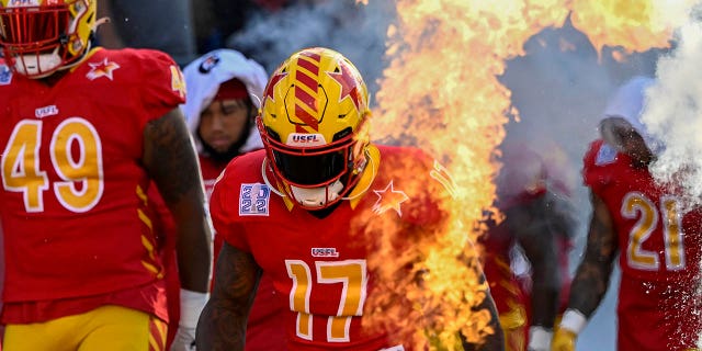 The Philadelphia Stars take the field to play the Birmingham Stallions in the USFL Championship game at Tom Benson Hall Of Fame Stadium on July 3, 2022 in Canton, Ohio.