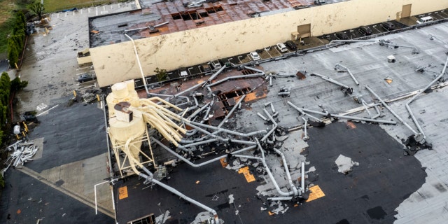 Damage to a building is seen on Wednesday, March 22, 2023, in Montebello, California, after a possible tornado.
