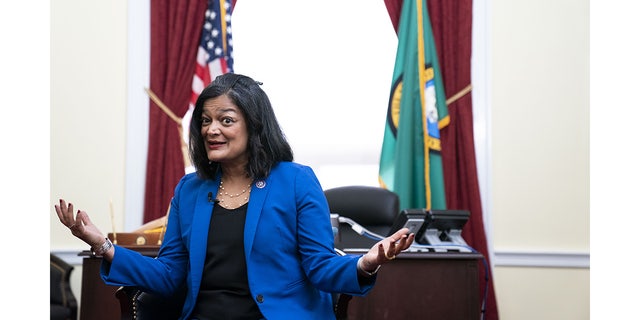 Representative Pramila Jayapal, a Democrat from Washington, speaks during an interview at her office on Capitol Hill in Washington, D.C., on Tuesday, Dec. 6, 2022. 