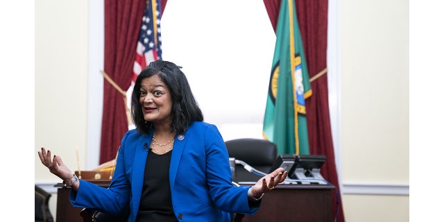 Representative Pramila Jayapal, a Democrat from Washington, speaks during an interview at her office on Capitol Hill in Washington, D.C., on Tuesday, Dec. 6, 2022.