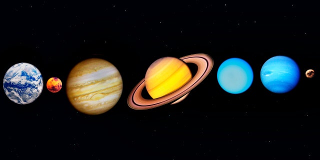 The sun and planets of our Solar System, including Pluto.