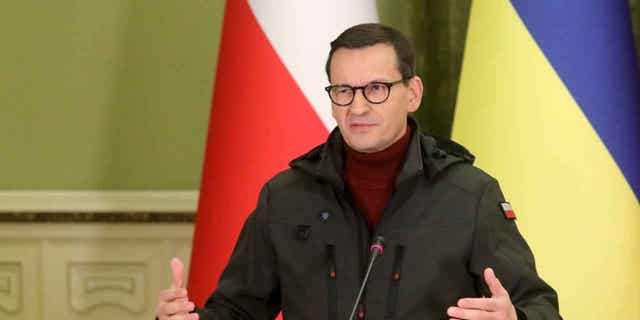 Prime Minister of the Republic of Poland Mateusz Morawiecki attends a briefing in Kyiv, Ukraine. An investigation into the hacked email mailbox of an aide to Morawiecki has been opened. The aide resigned last year.