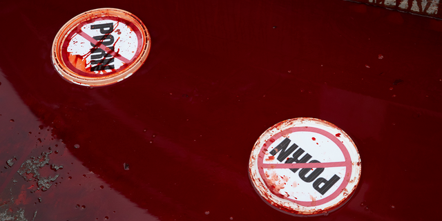 Paint lids float in red paint as part of an anti-porn demonstration as part of national protests across France to mark the 42nd annual International Women’s Day on March 08, 2019 in Paris, France. (Photo by Kiran Ridley/Getty Images)