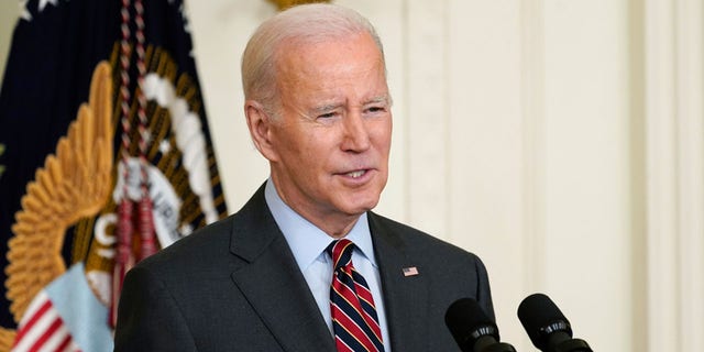 President Joe Biden speaks at the White House on March 27, 2023, in Washington.