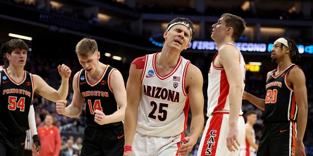 Kerr Kriisa #25 of the Arizona Wildcats reacts to a play against the Princeton Tigers during the second half in the first round of the NCAA Men's Basketball Tournament at Golden 1 Center on March 16, 2023 in Sacramento, California.