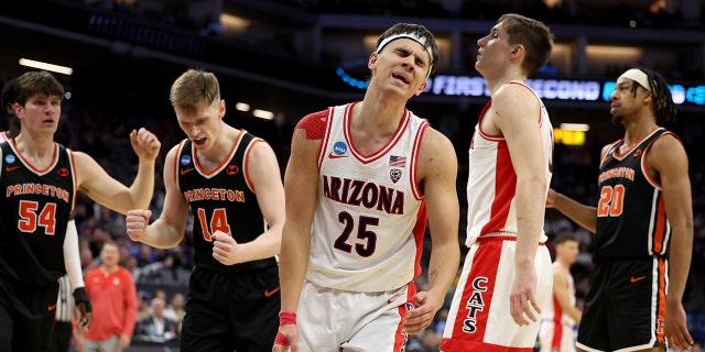 #25 Kerr Krieza of the Arizona Wildcats reacts to a game against the Princeton Tigers in the second half of the first round of the NCAA Men's Basketball Tournament at the Golden 1 Center on March 16, 2023 in Sacramento, California.