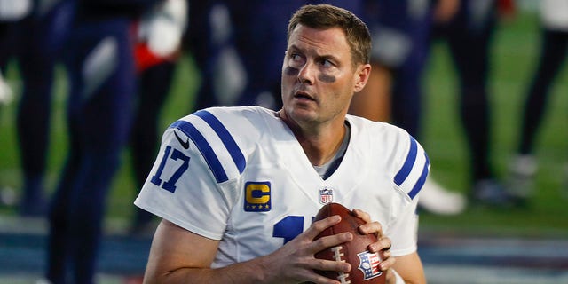 Indianapolis Colts quarterback Philip Rivers warms up before a game against the Tennessee Titans at Nissan Stadium on November 12, 2020 in Nashville.