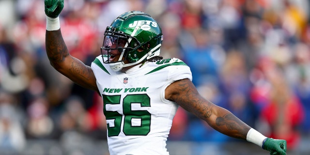 No. 56 Quincy Williams of the New York Jets reacts after being fired against the New England Patriots in the first quarter at Gillette Stadium on November 20, 2022 in Foxborough, Massachusetts.