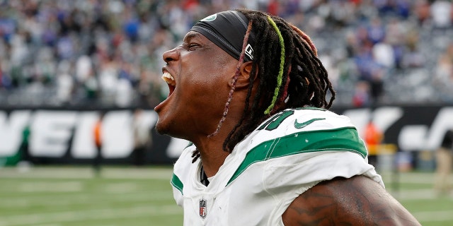 Quincy Williams #56 of the New York Jets in action against the Buffalo Bills at MetLife Stadium on November 06, 2022 in East Rutherford, New Jersey. The Jets defeated the Bills 20-17.