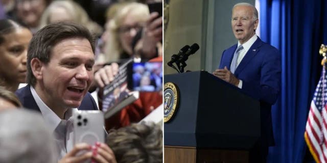 Florida Governor Ron DeSantis attending a rally and President Joe Biden giving a speech.