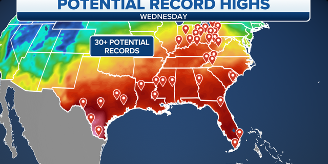 Potential record high temperatures on Wednesday in the South