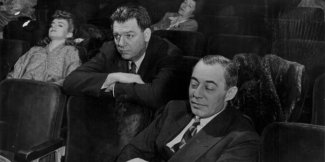 Music composers Oscar Hammerstein and Richard Rodgers watching a rehearsal of the musical "Oklahoma!" on Broadway, New York, 1943.