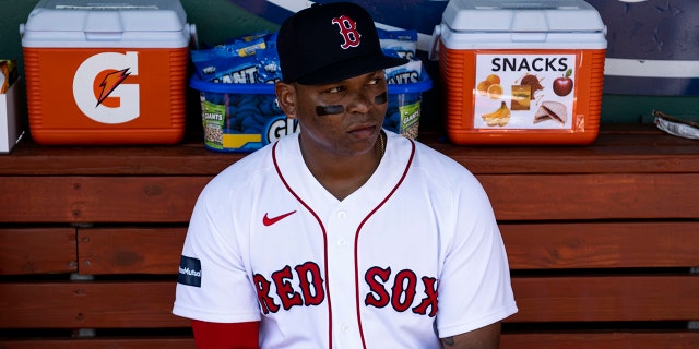 Rafael Devers #11 of the Boston Red Sox reacts before a Spring Training Grapefruit League game against the Tampa Bay Rays on February 26, 2023 at jetBlue Park on Fenway South in Fort Myers, Florida.