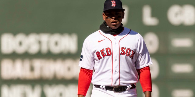 Rafael Devers #11 or the Boston Red Sox play defense during the first inning of the 2023 Opening Day game against the Baltimore Orioles on March 30, 2023 at Fenway Park in Boston, Massachusetts.