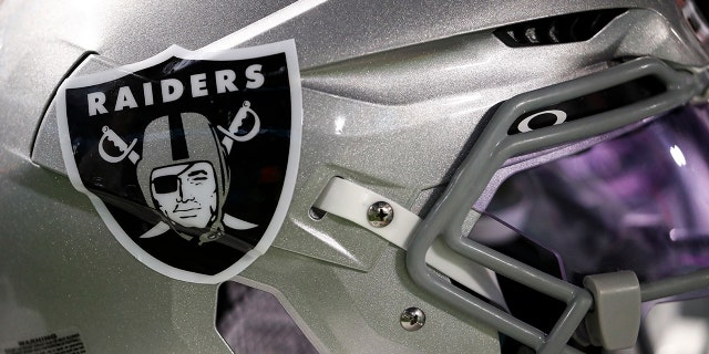 A Los Vegas Raiders helmet during a preseason game against the Miami Dolphins at Hard Rock Stadium on August 20, 2022 in Miami Gardens, Florida.